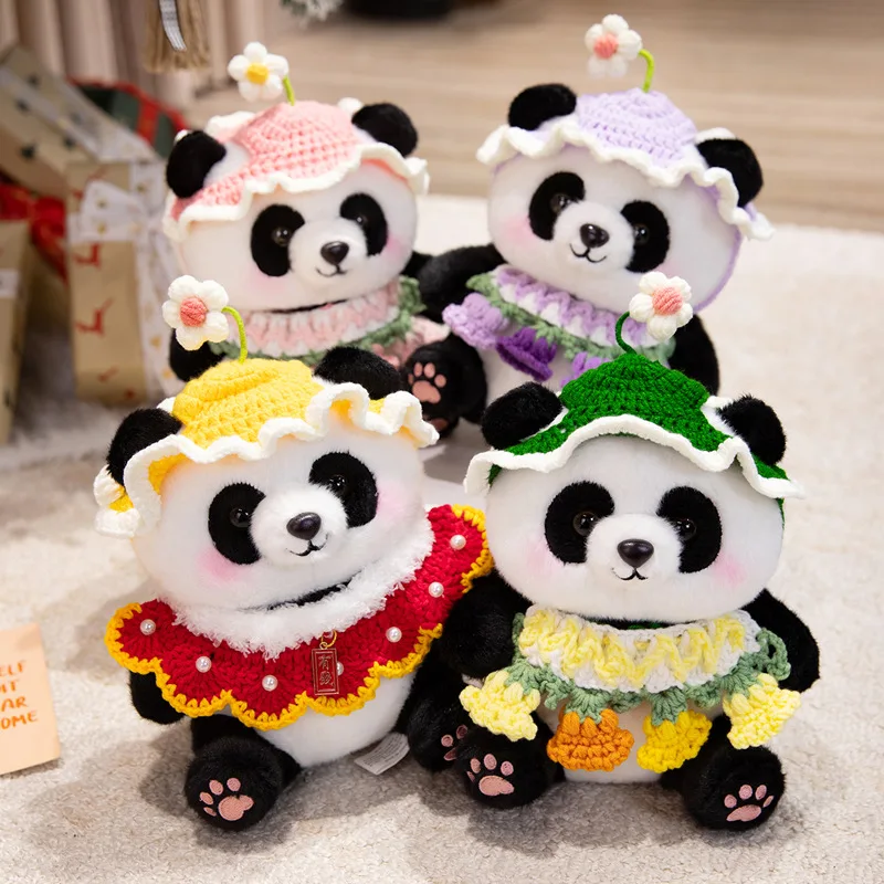 

23-сантиметровая плюшевая игрушка-панда с вязаными цветами, милая пушистая мягкая кукла, кавайная панда, подарок на весну