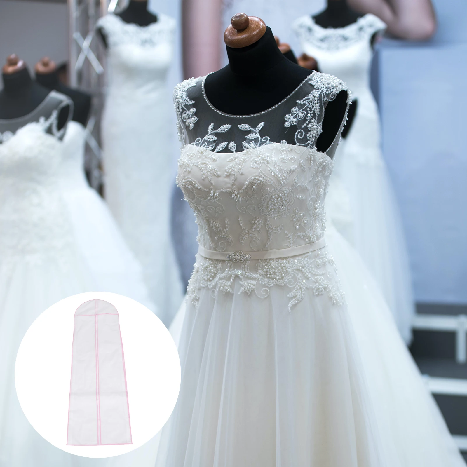 

1pc Wedding Dress Dust Cover 150cm Pink Edge Non-woven Gown Storage Bag Bridal Travel Clothes Protection Anti Wrinkle Mildew