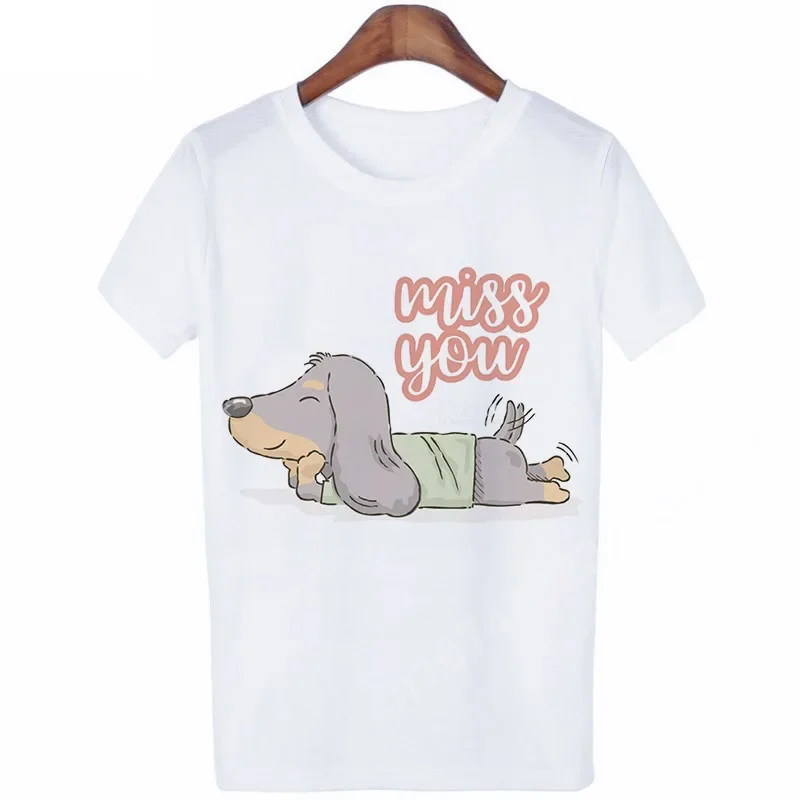 T-shirt imprimé chien teckel drôle pour femmes, manches courtes, haut Y2K, t-shirt graphique Harajuku, vêtements Kawaii, t-shirt décontracté respirant