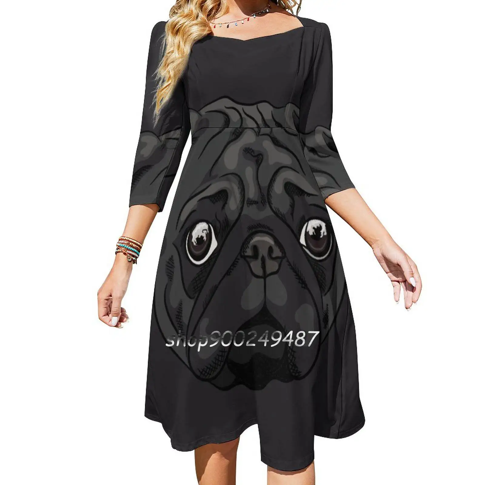 Cute Black Pug Portrait Elegant Party Women Dress Slim Multiple Styles Dresses Casual Dresses Hand Drawn Pug Head Holiday Pet