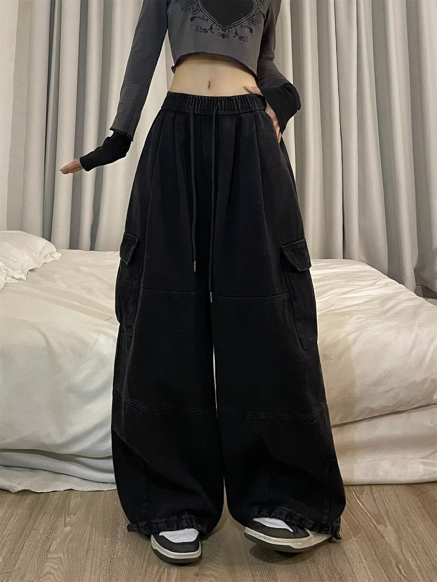 Cargo Pants Women Solid Color Japanese Loose Thin Straight Wide-leg High Waist Trousers High Street Basics Casual Pants Female