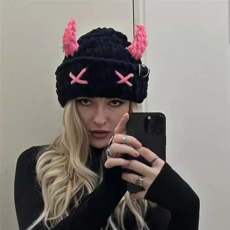 

Y2K Cow Horn Hat Women Ins Devil Ear Knitted Wool Cap Autumn Winter Hip-hop Crochet Little Devil Funny Cow Horn Knitted Hat