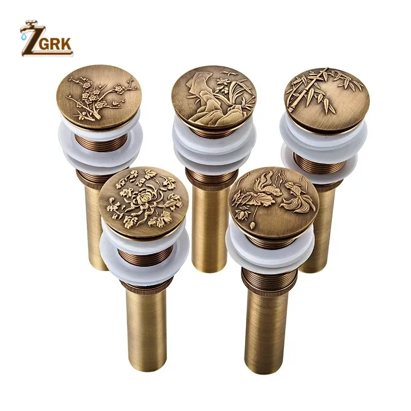 ZGRK Antique Brass Basin Sink Pop Up Drain Art Carving Basin Waste Plug Bathroom Accessories Vanity Sink Waste Drainer