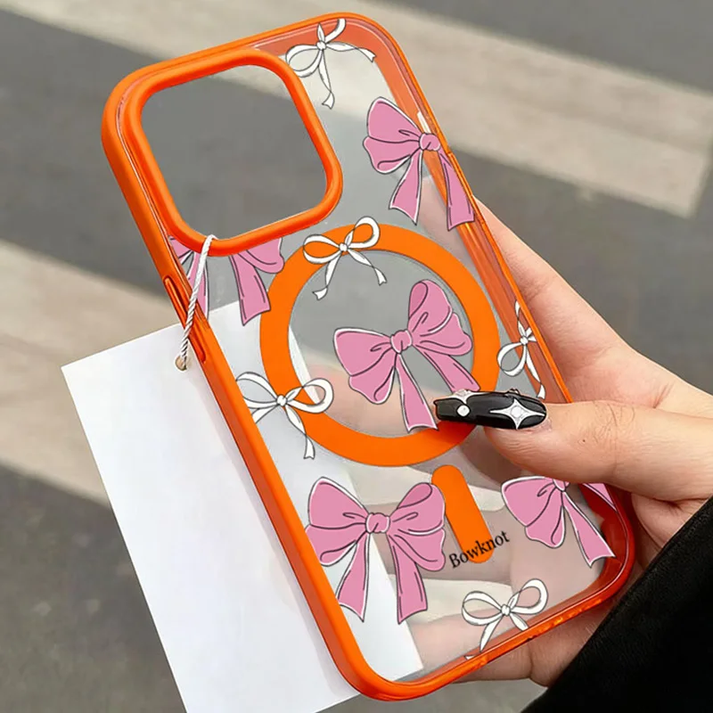 

Pink Bow Transparent Magnetic Phone Case For iPhone Air Cases iPhone 17 16 15 14 13 12 11 Pro Max 16 Plus Transparent Soft Cover