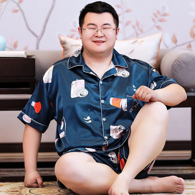 Fatty Pajamas Male Thin Short Sleeve Fatten Up Large Size Pajamas Loose Summertime Ice Silk Loungewear Set 150 Kg  Refreshing