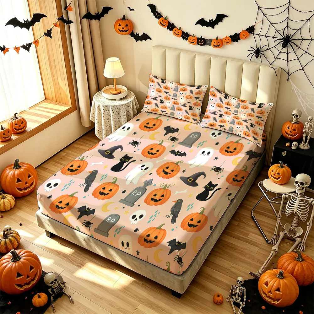 3Pcs Halloween Pumpkin Ghost Black Cat Print Bedding Set Without Filler 1 Duvet Cover 2 Pillowcases Soft Comfortable Machine