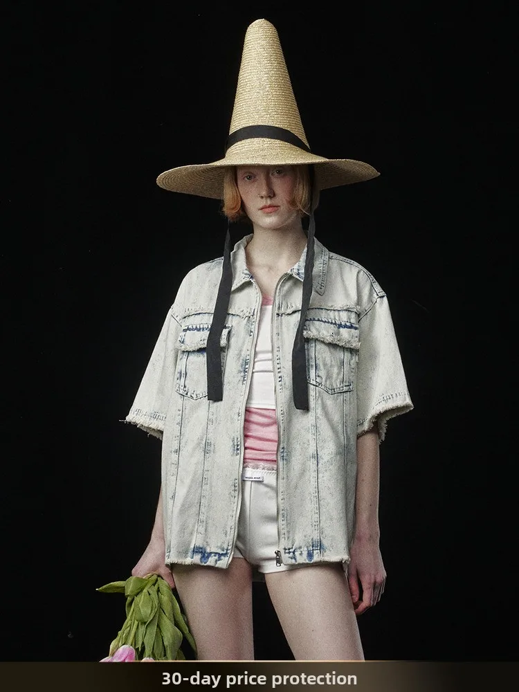 

Retro American Waed Distred Hem Denim irt Summer High Street BF Sle ort Sve irt Loose Fit Youth Faion
