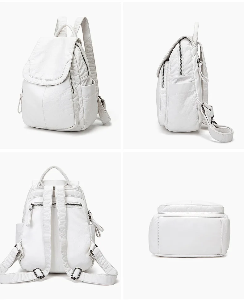 Women's Backpack White Washed Leather Backpack Female Small School Bags For Teenage Girls All-match Casual Travel Bag mochilitas