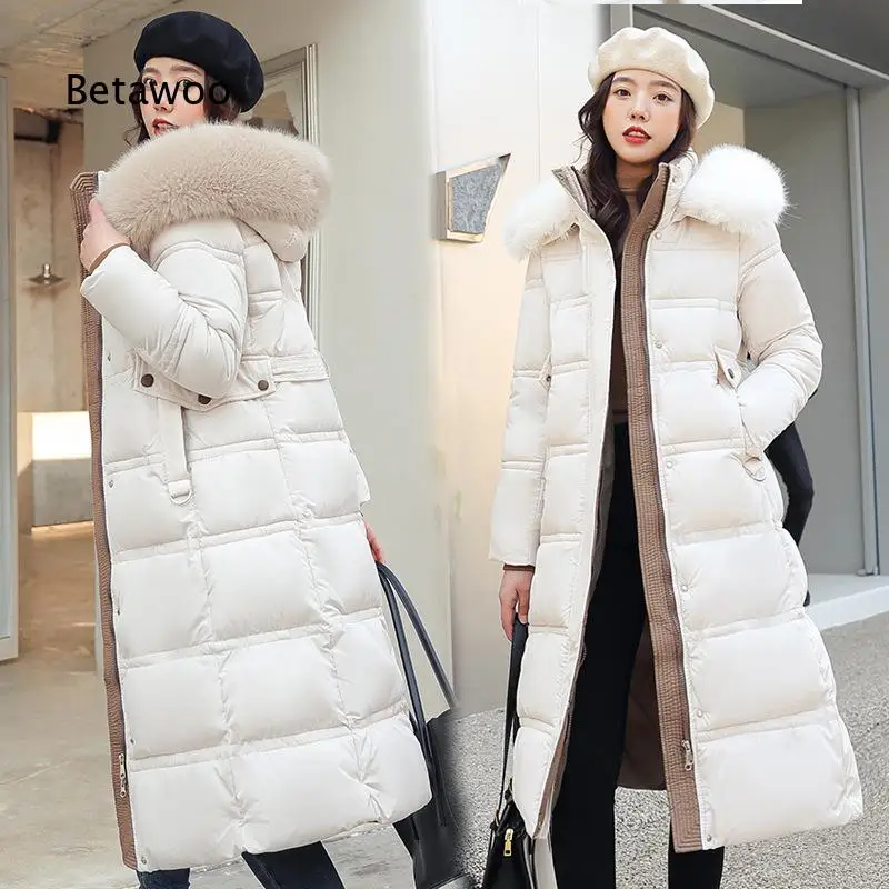 Women Long Hooded Cotton Coat With Faux Fur Collar Slim Fit Long Outerwear Cold Resistant Warm Garment For Autumn And Winter Da