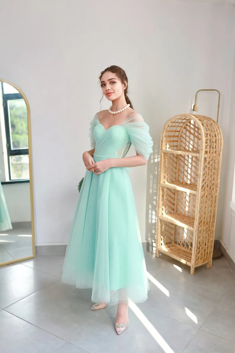 Off the Shoulder Tulle Evening Gowns A-line Tea-Length Long Party Dress Pleated Criss-Cross Lace Up Sparkly Graduation Dresses