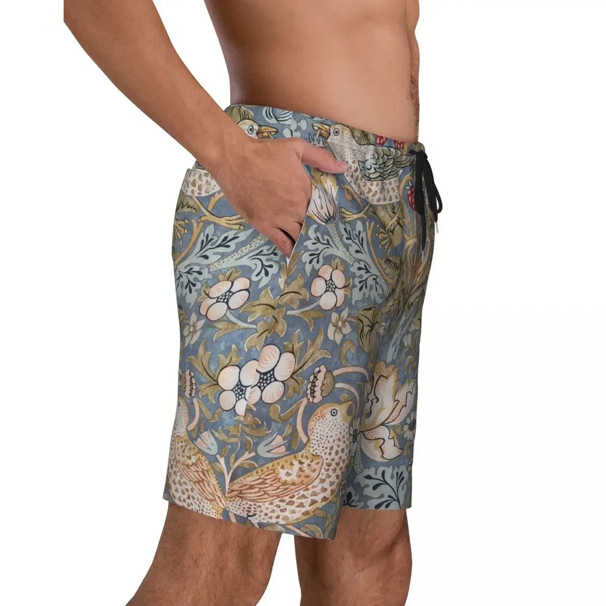 Strawberry Thief Print Men Swim Trunks Quick Dry Beachwear Beach Board Shorts William Morris Floral Textile Pattern Boardshorts