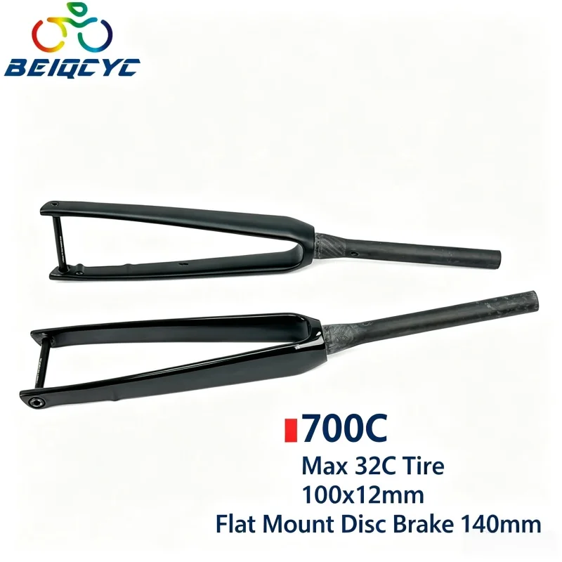 700C Carbon Road Bike Fork Flat Mount 140mm Disc Brake 100*12mm Thru Axle Max 32C Tire Tapered Headset  Bicycle Front Fork