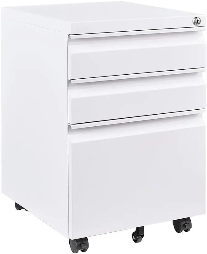 

Mobile File Cabinet Steel Lockable,3 Drawers Home Filing Furniture with 5 Wheels (White)