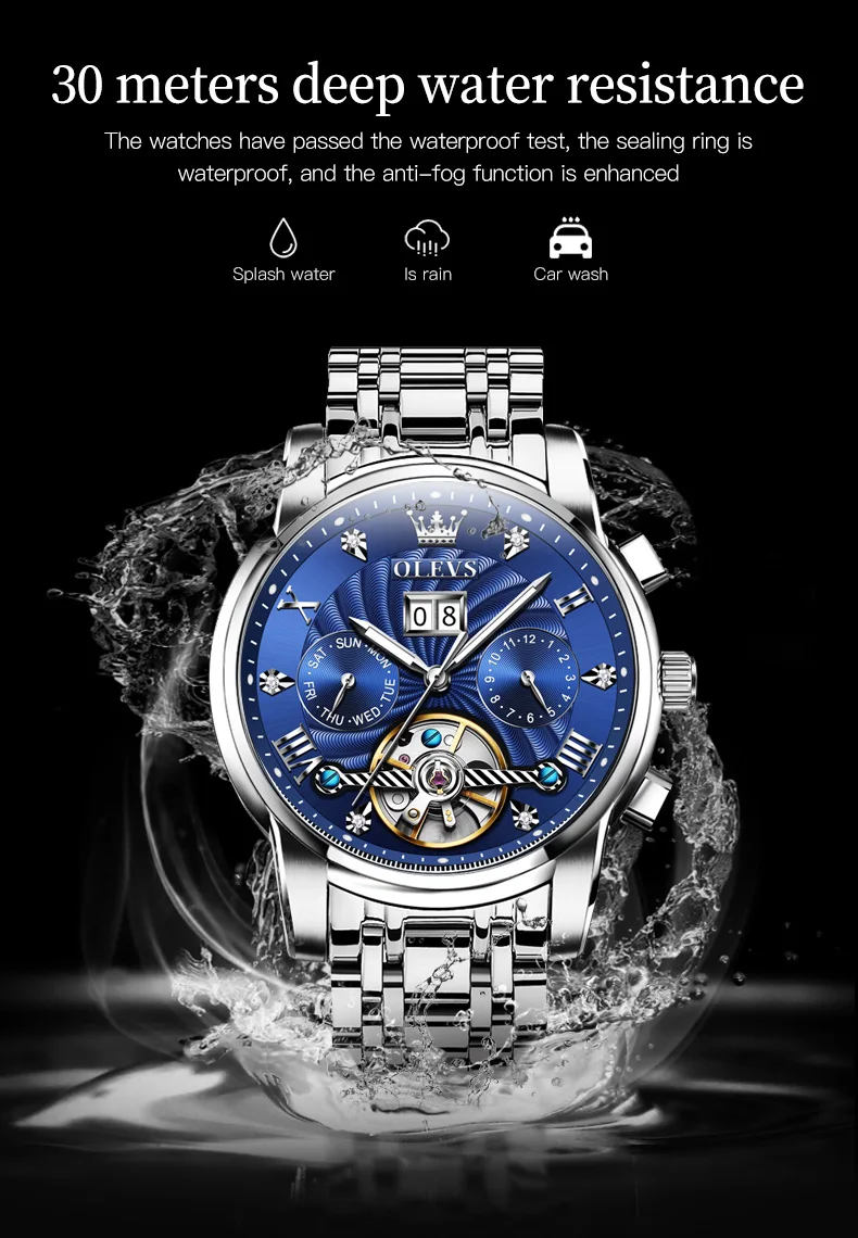 OLEVS 9910 Brand Original Authentic Watches for Man Luxury Gift Box Steel Belt Multifunctional Tourbillon Mechanical Men's Watch