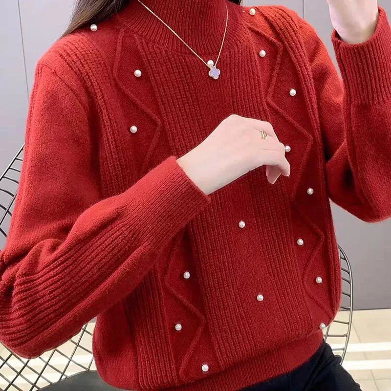 Autumn Winter New Bead Sweaters Vintage Loose Thick Knitted Pullovers Office Lady Solid Chic Tops