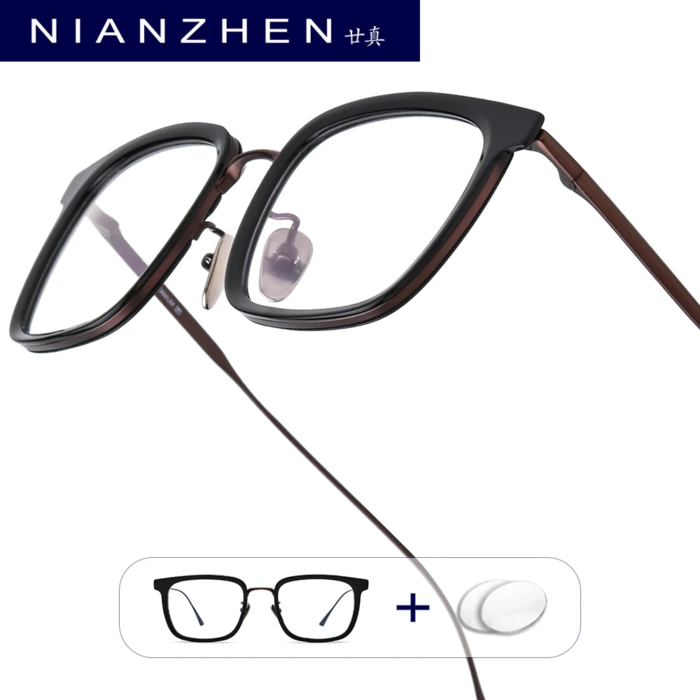 NIANZHEN Progressive Prescription Glasses Anti Blue Myopia Optical Lens Eyewear Square Acetate Titanium Eyeglasses Frame 9019