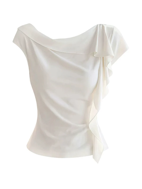 Korean Style Ins Asymmetric Shoulder Design Short Top Women's Unique Beautiful White T-Shirt Short Sleeve Fashionable Top