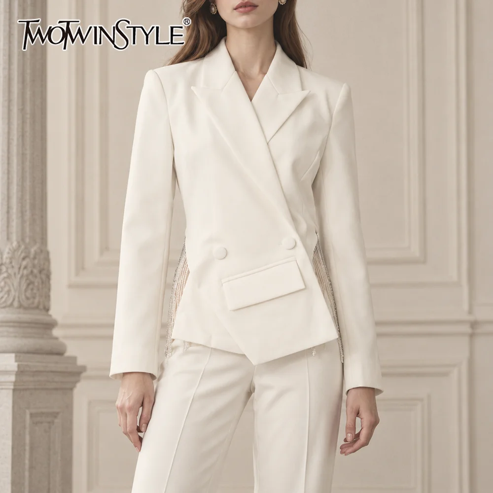 TWOTWINSTYLE Cropped Blazer for Women Double Breasted Lapel Collar Tassel Fringe Trim Slim Solid Suit Jacket for Evening Party