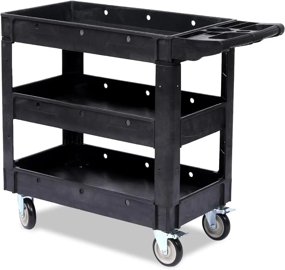 Utility Service Cart On Wheels,3 Shelf Heavy Duty Plastic Rolling Utility Cart With Swivel Wheels And Brakes,550Lbs Capacity