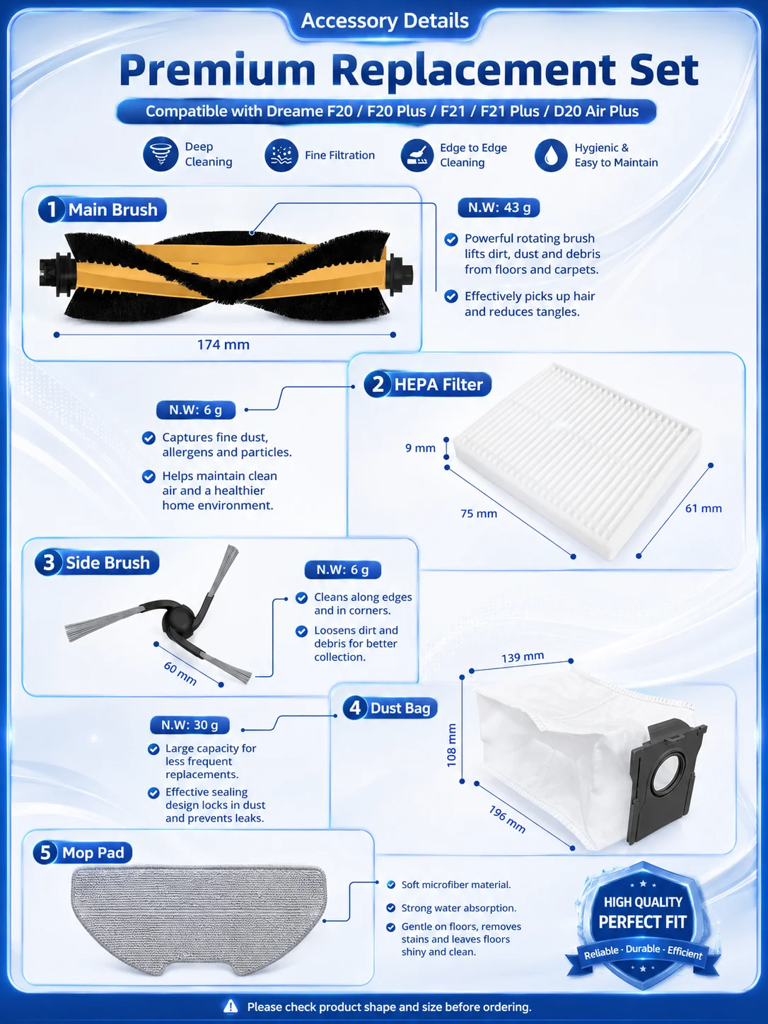 Fit For Dreame F20/F20 Plus/F21/F21 Plus/D20 Air Plus/F20 Eco/F20 Eco Plus/L30s Plus Main Brush Side Brush Filter Mop Dust Bag