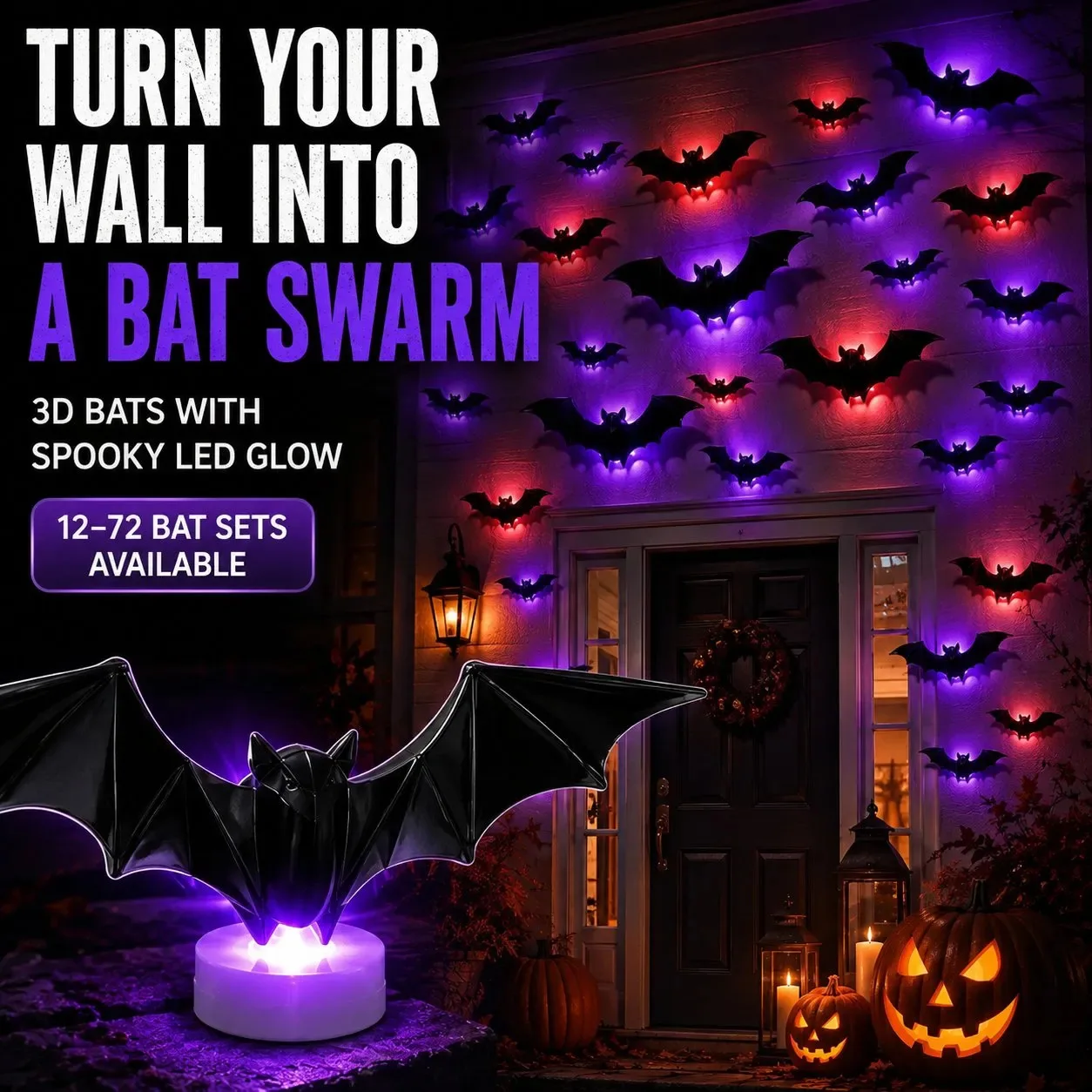Generic 3D LED Glowing Bat Wall Decorations Halloween Spooky Light Up Bats For Window Door Entryway Party Backdrop Decor