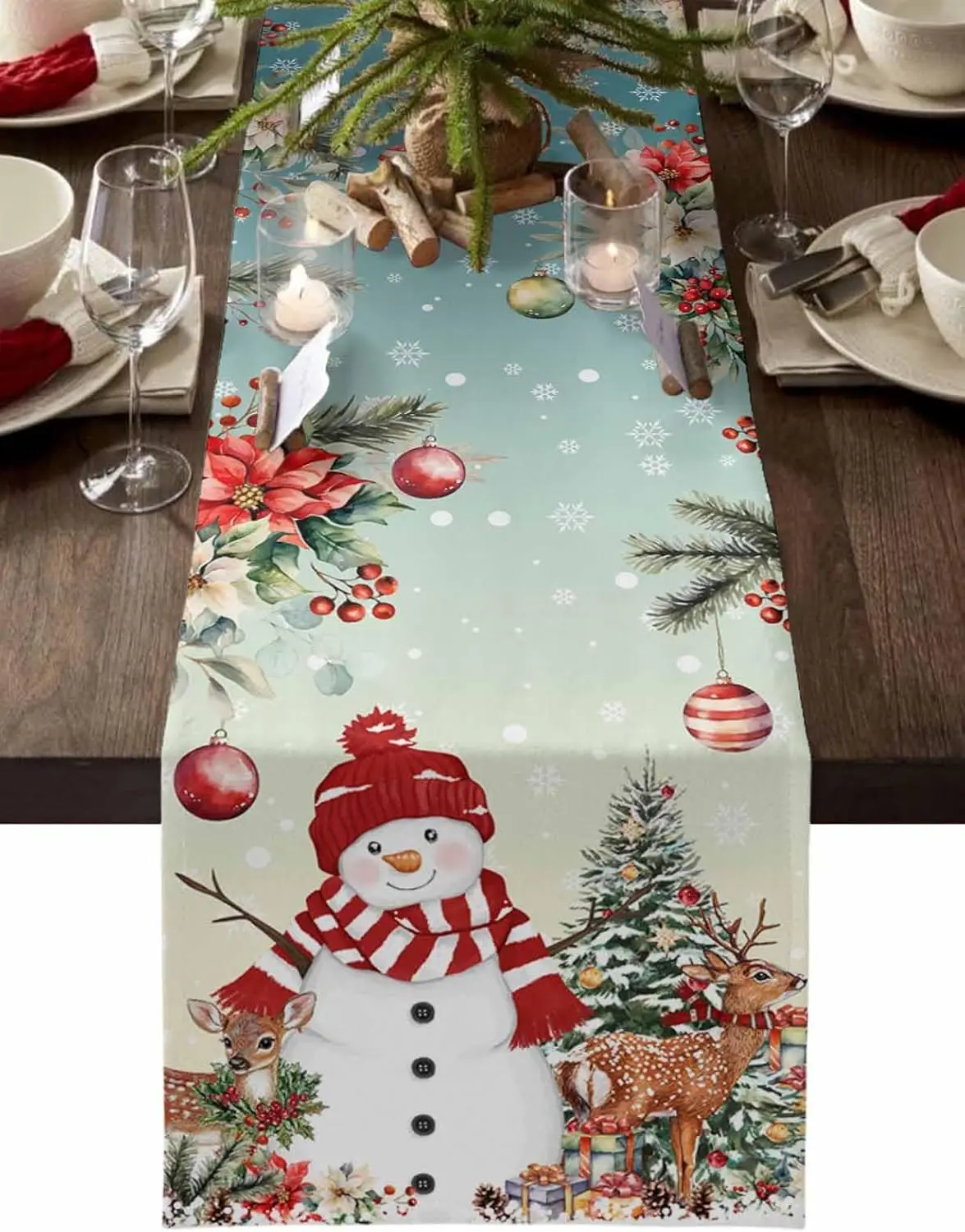 

Christmas Turquoise Snowman Linen Table Runner Holiday Party Decor Winter Xmas Ball Kitchen Table Runner Christmas Decorations