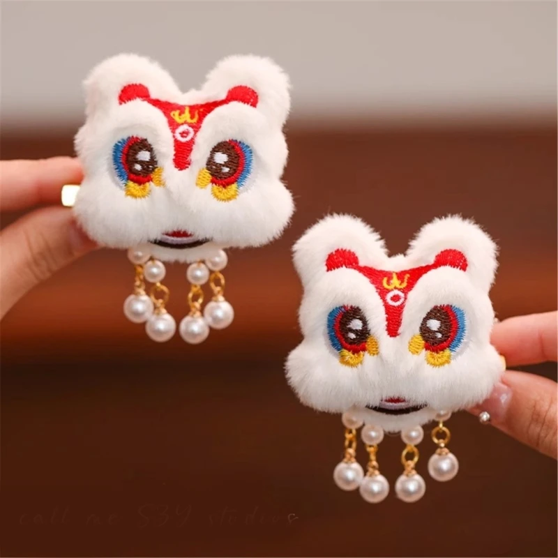 1 Pair Chinese Plush Dancing Lion Hair Clips Tassels Cartoon Hairpins Clips Hanfu Hair Accessories