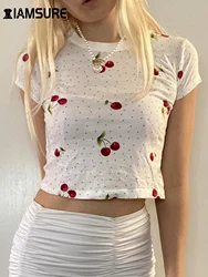 IAMSURE Casual Sweet Cherries Printed Dot Cropped T Shirt Sexy Slim O-Neck Short Sleeve Tees Women Summer Fashion Streetwear