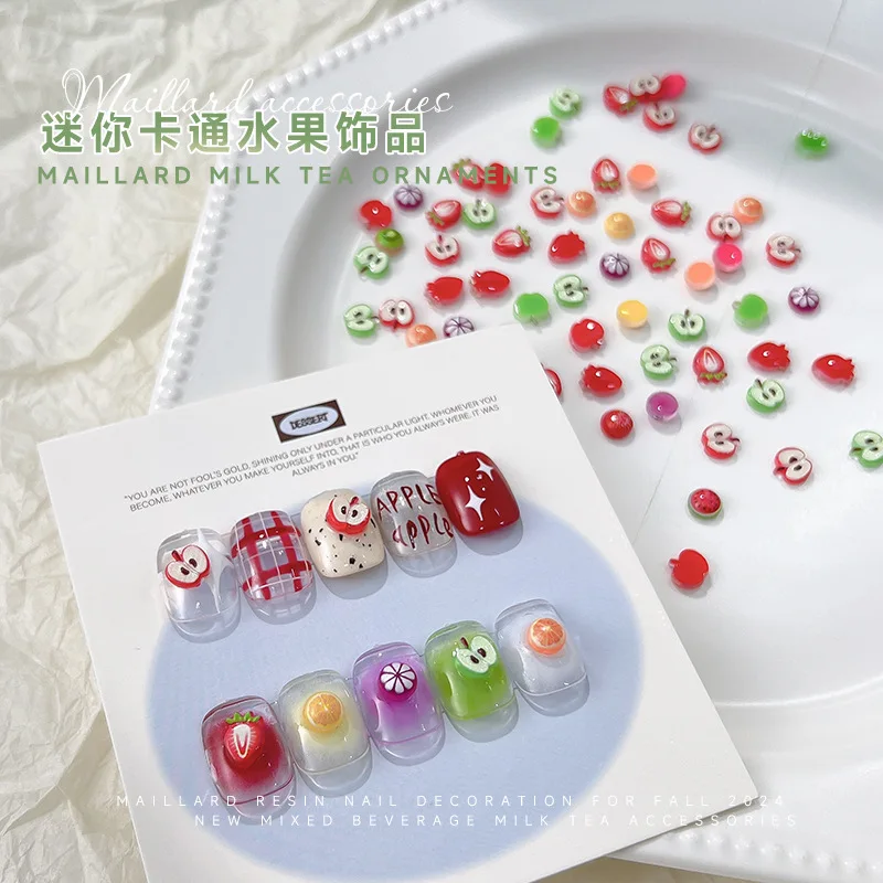 20pcs 3D Fruit Mini Nail Charms Mixed Kawaii Cartoon Strawberry Green Red Apple Jewelry Resin Nail Art Decorations Accessories