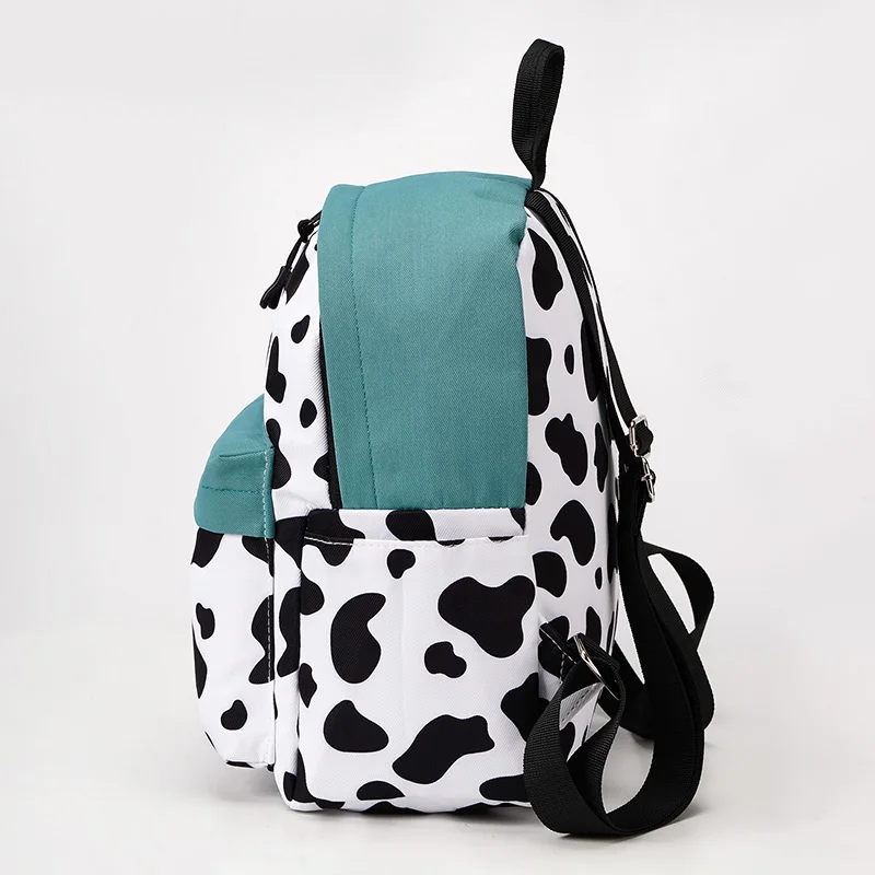 Women Mini Backpack Casual Cow Pattern Printing Daypack Small Green White Patchwork Shoulder Bag Teenage Girls Leisure Rucksack