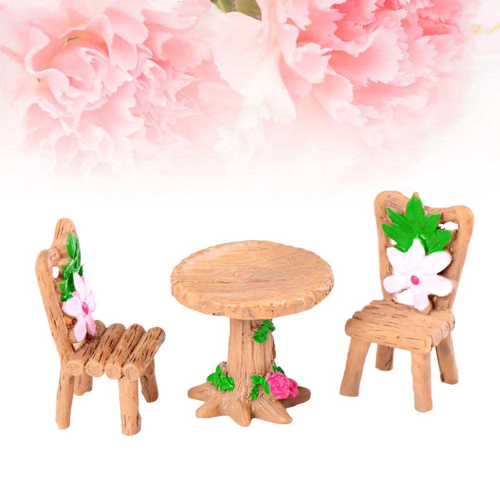 3Pcs Succulent Plant Decoration Mini Wood Table Chair Resin Process Micro Landscape Small Garden Bonsai Ornament DIY Material