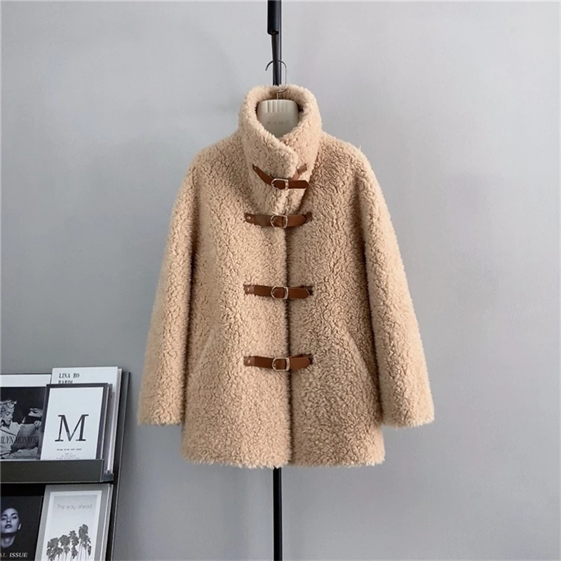 

Female Lamb's Wool Stand-up Collar Coat Women Girl Leather Buckle Sheep Shearling Autumn and Winter New Solid Color Jacket PT475