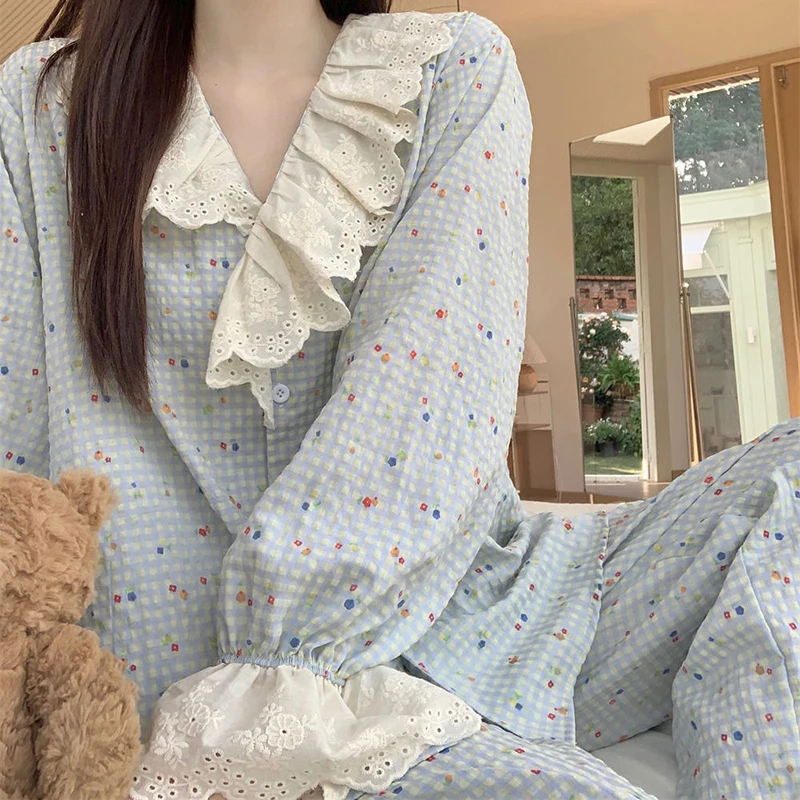 Lace Sleepwear Women Pajama Sets Piiama Autumn Pants Sets 2 Pieces Plaid Floral Flare Long Sleeve Night Wears V-neck Home Suit