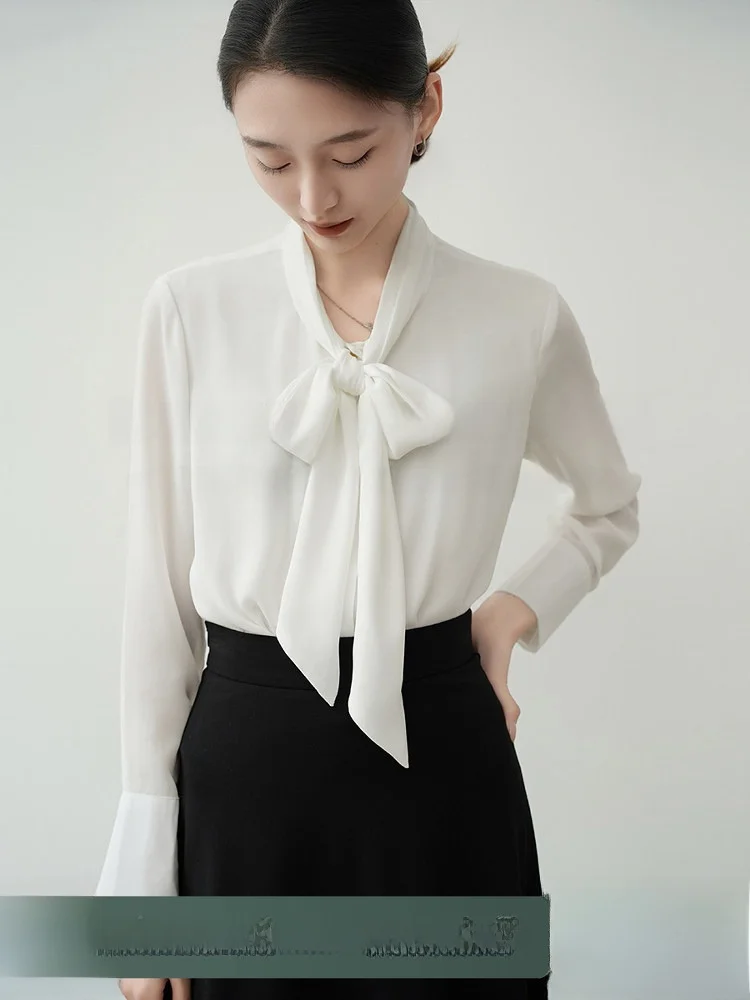 

Белая шифоновая блузка Achu с узлом, женская, для офиса, деловая, прямого кроя, с длинным рукавом, на пуговицах, для работы