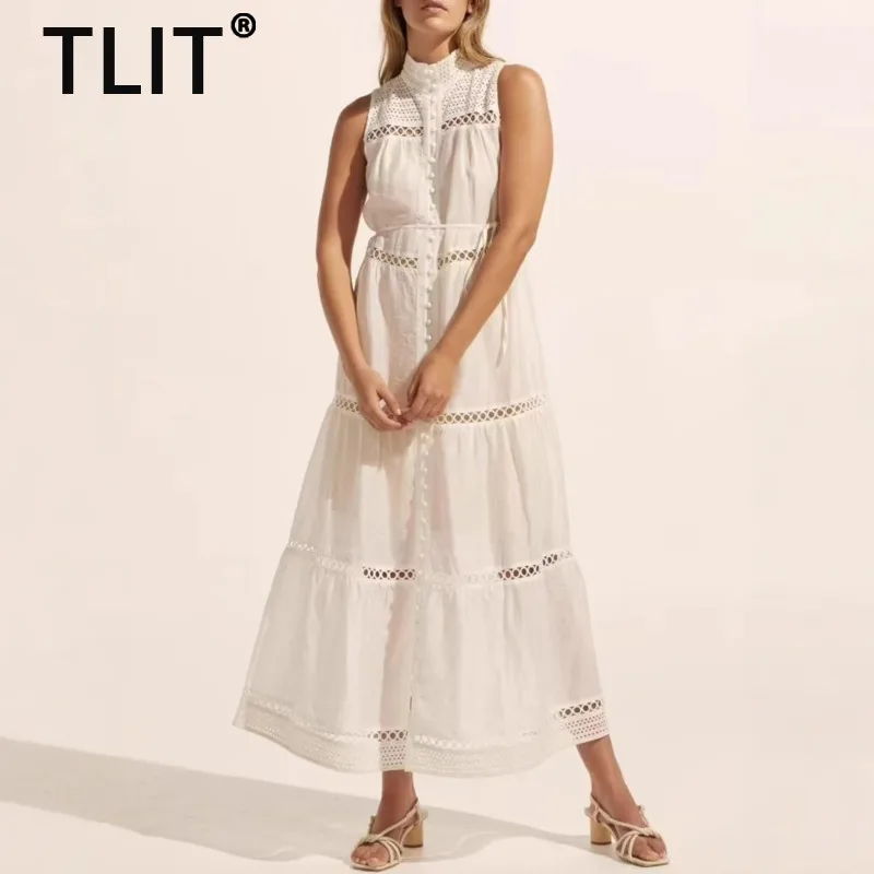 TLIT модные женские полые дизайнерские платья с воротником-стойкой и высокой талией без рукавов тонкое вечернее платье женское лето 2025 SK2018