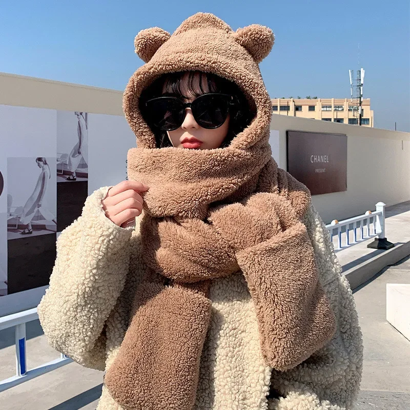 New Beanies Skullies Bear Ear Protection Hat Female Autumn Winter Cute Plush Bib Scarf Gloves Hooded Korean Versatile Warm