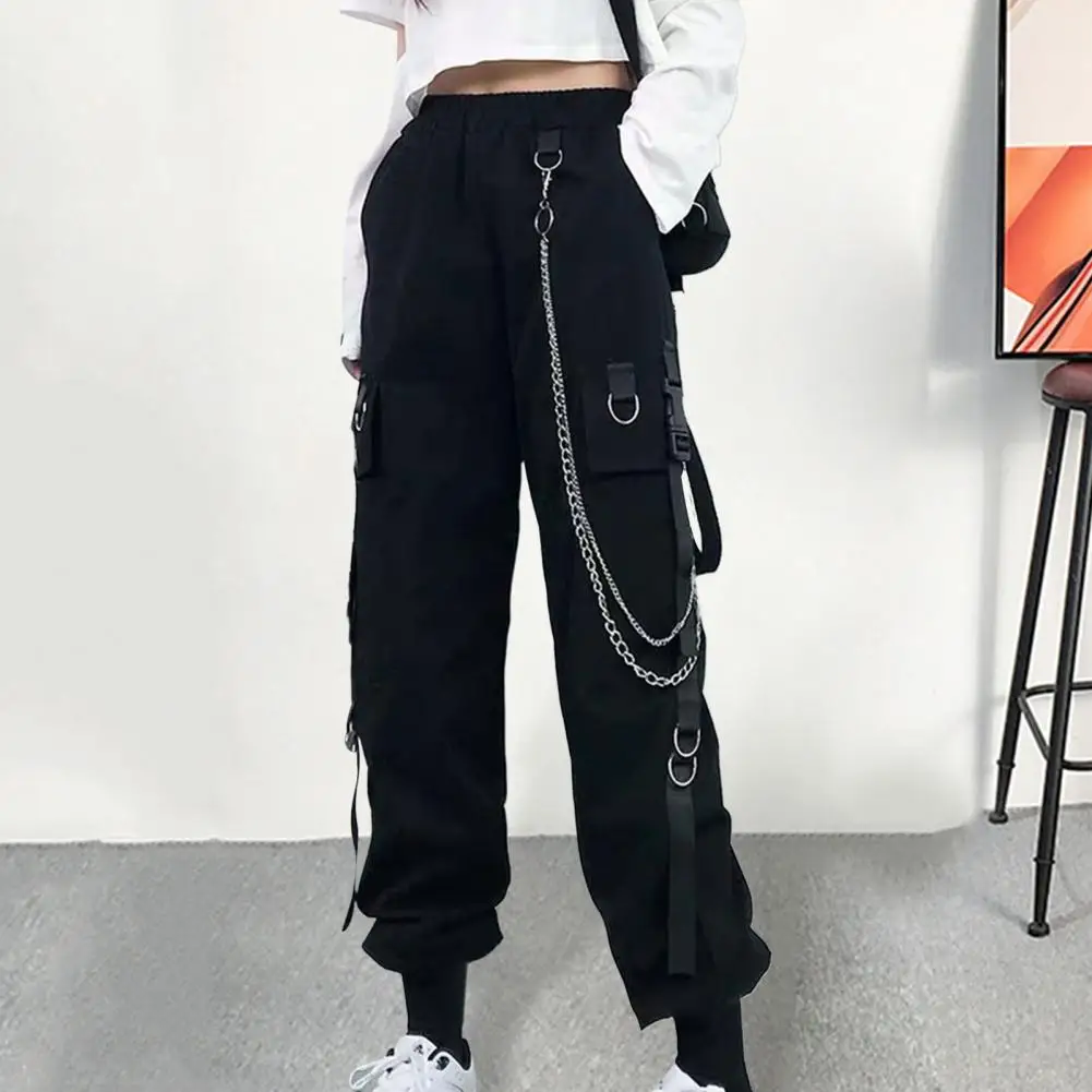 

Women Cargo Pants Chain Decor Multi Pockets High Elastic Waist Pants Loose Deep Crotch Straight Hip Hop Streetwear Long Trousers