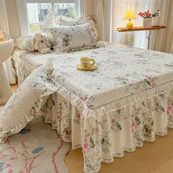 100%Cotton King Queen Bed Skirt Ruffle Cotton Quilted 18Inch Bed Skirt Thick Quilted Bed Cover Dustproof Bed Skirts 2Pillowcases