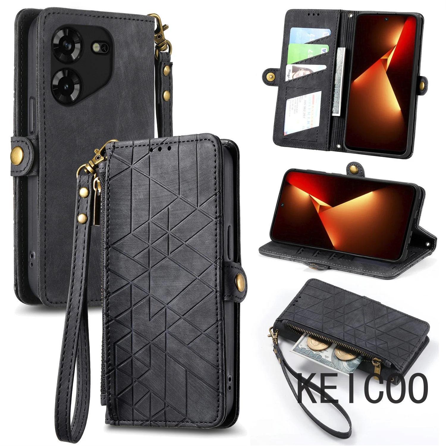 Business Shell for Tecno Pova 5 2 Camon 18i 18 18P 4G Geometric Zipper Wallet Leather Case Fashion Wallet Clip Pretty Housing