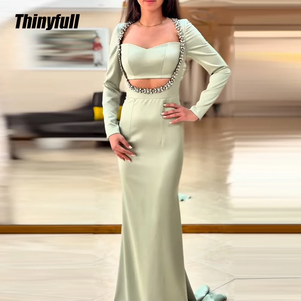 

Thinyfull Mermaid Satin Arab Prom Dresses Full Sleeves Crystals Evening Dress Long Formal Gown Robe De Soirée Customized