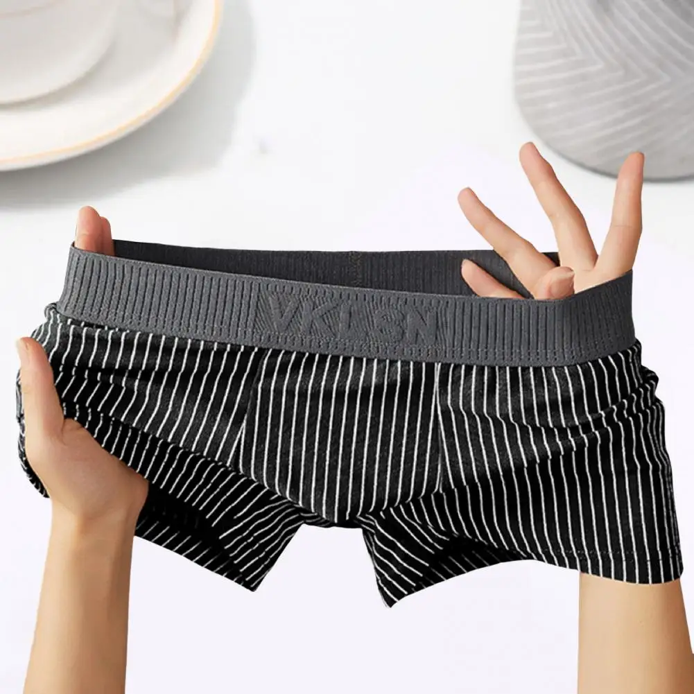 Men Boxer Underwear Mid-rise Striped Print Patchwork Color Thin Shorts Boxer Briefs Quick Drying U-convex Panties 남성 스퀘어 팬티