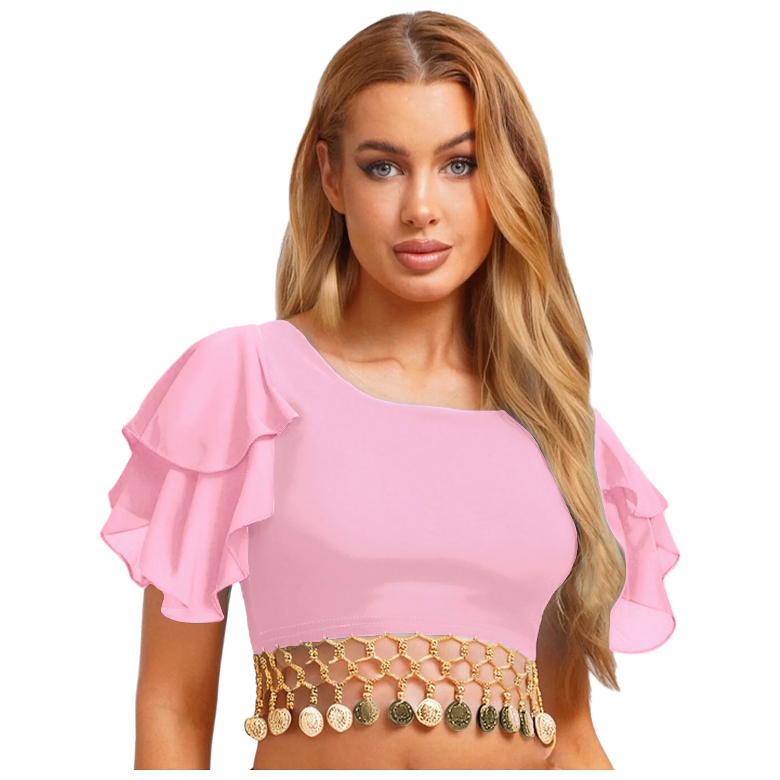 Womens Indian Belly Dance Crop T-shirt Ethnic Dance Performance Costume Crop Top Tiered Lotus Sleeve Tassel Pullover Blouses