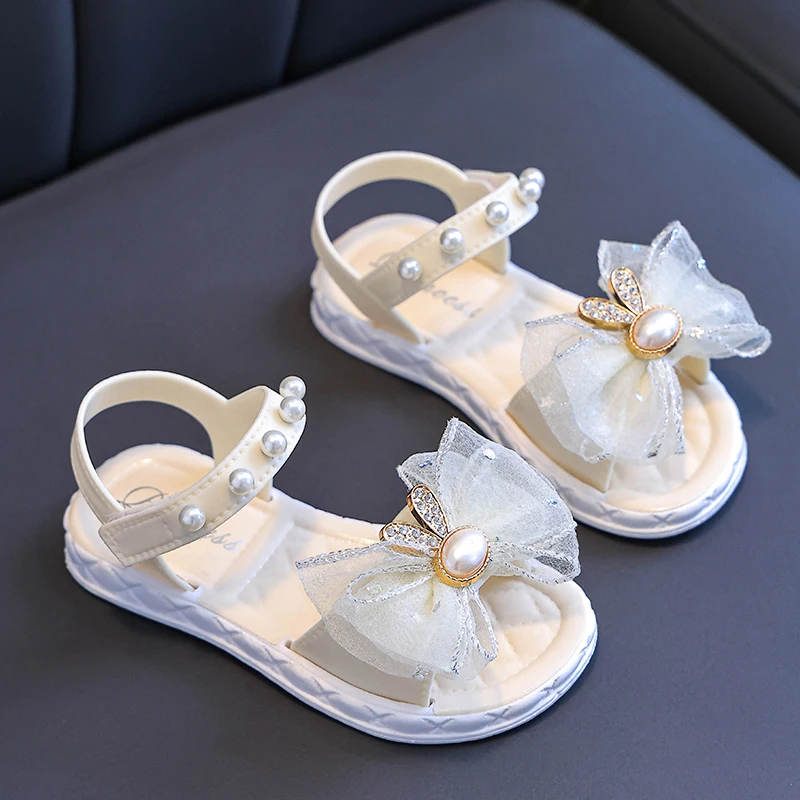 Summer Pretty Bow Beading Decoration Sandals For Aged 1-7 Girls Children Slippers Non-slip Seabeach Flip Flops Home Kids Shoes