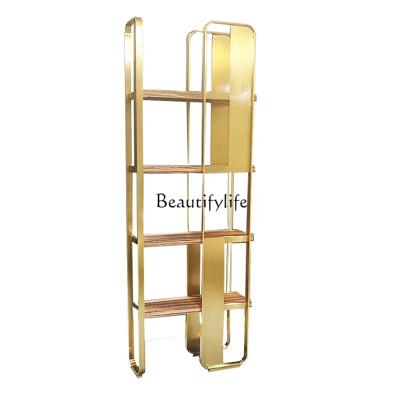 

FG17Light Luxury Stainless Steel Custom Furniture Floor Bookshelf Living Room Solid Wood Veneer Storage Rack Metal Partition