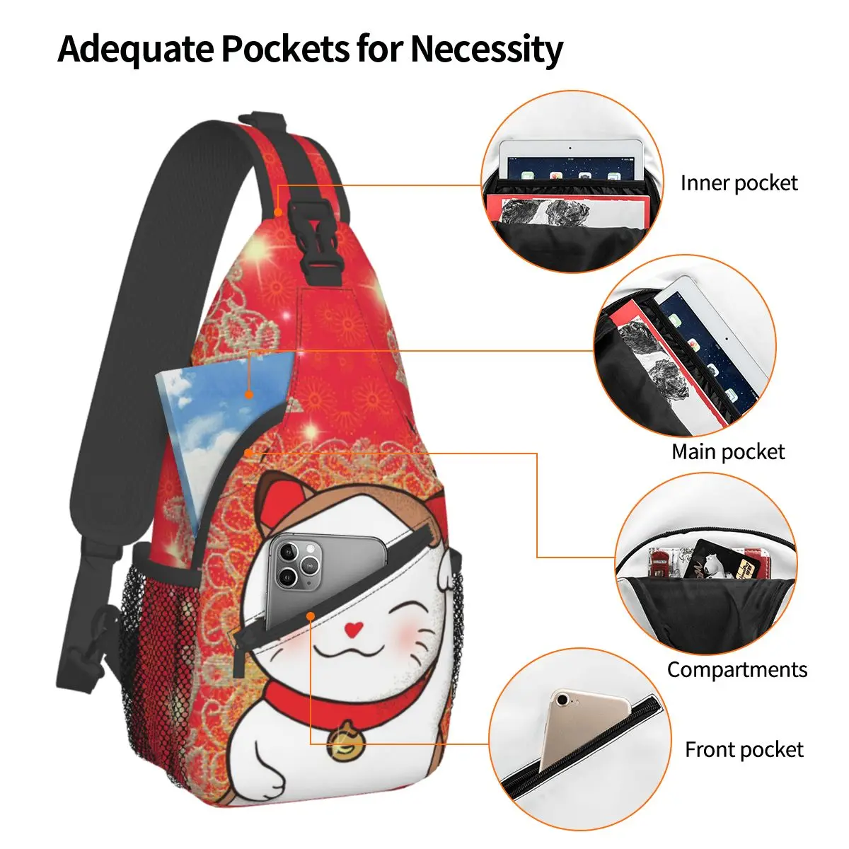 Maneki Neko Crossbody Sling Bags Moda Peito Bag Japonês Sorte Gato Ombro Mochila Mochila para Caminhadas Viagem Biking Bag