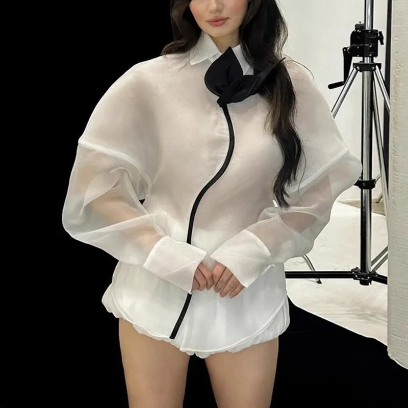 HKSH Herfst Nieuwe Vrouwen Trendy Shirt Lantaarn Mouw Patchwork Contrast Kleur High Street Elegante Zachte Mode Casual Tops HK8946