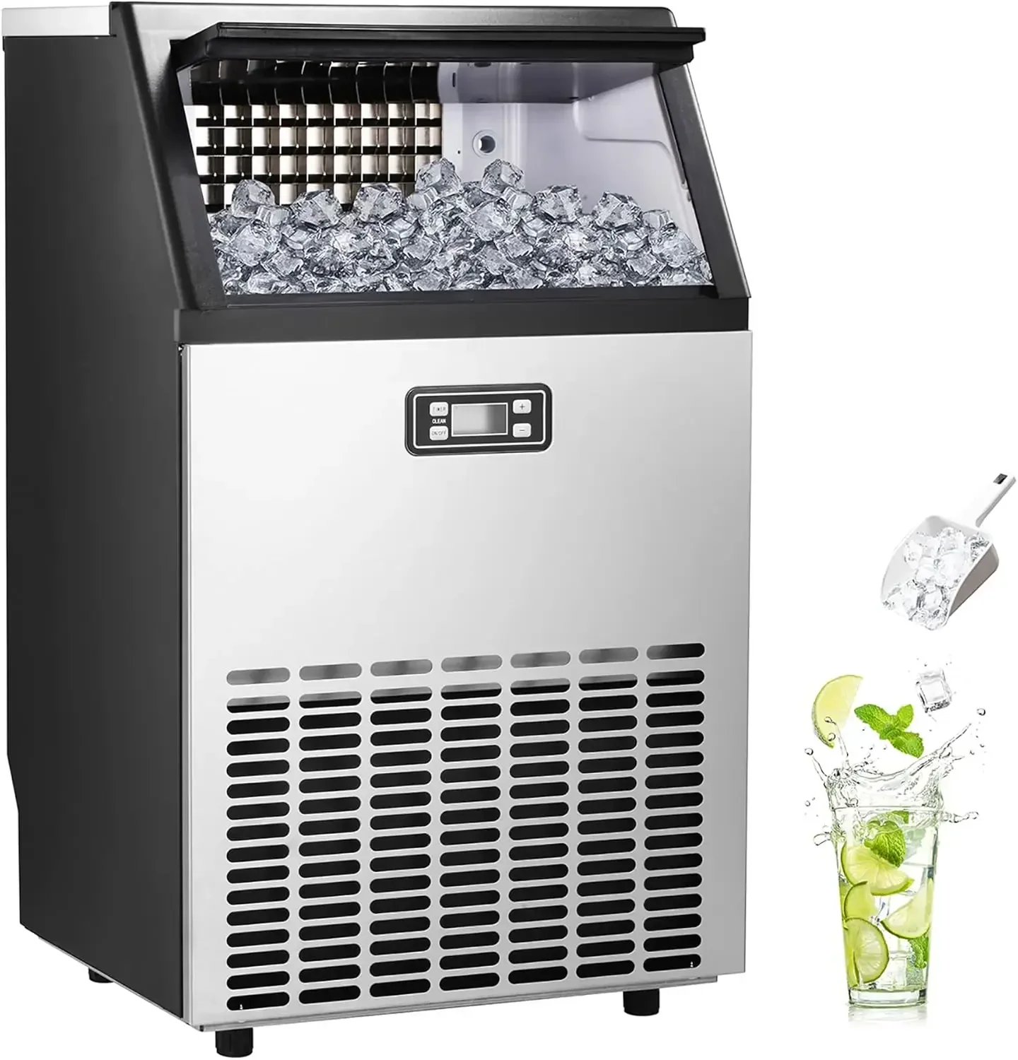 Commercial Ice Machine,100Lbs/Day, Stainless Steel Ice Machine with 48 Lbs Capacity, Ideal for Restaurant, Bars, Home