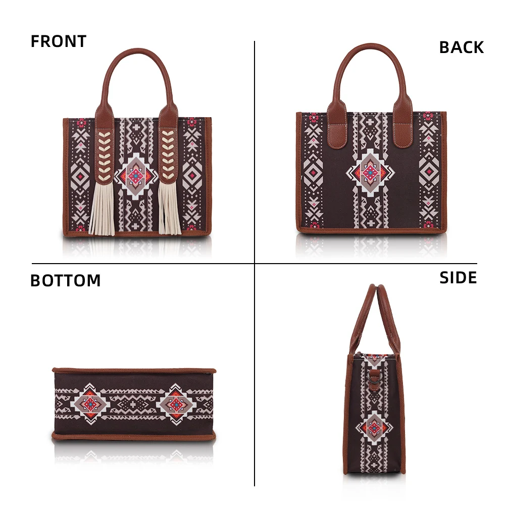 Ethnic print hand-held crossbody bag set with tassel decoration and small coin purse, suitable for daily commuting