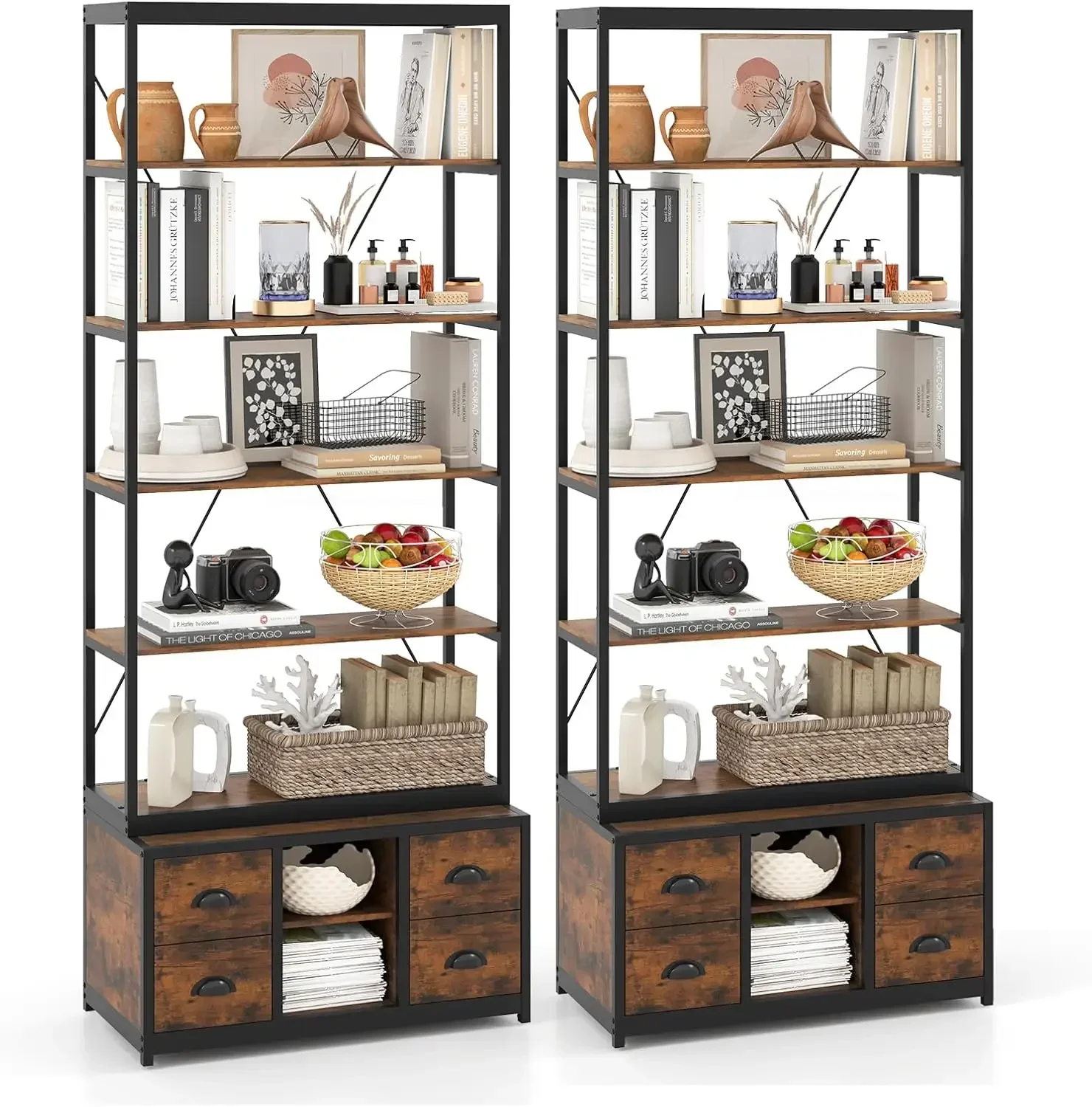 8 Tier Freestanding Bookshelf Bookcase Display Stand Heavy Duty Metal Frame 4 Fabric Drawers Adjustable Storage Shelf
