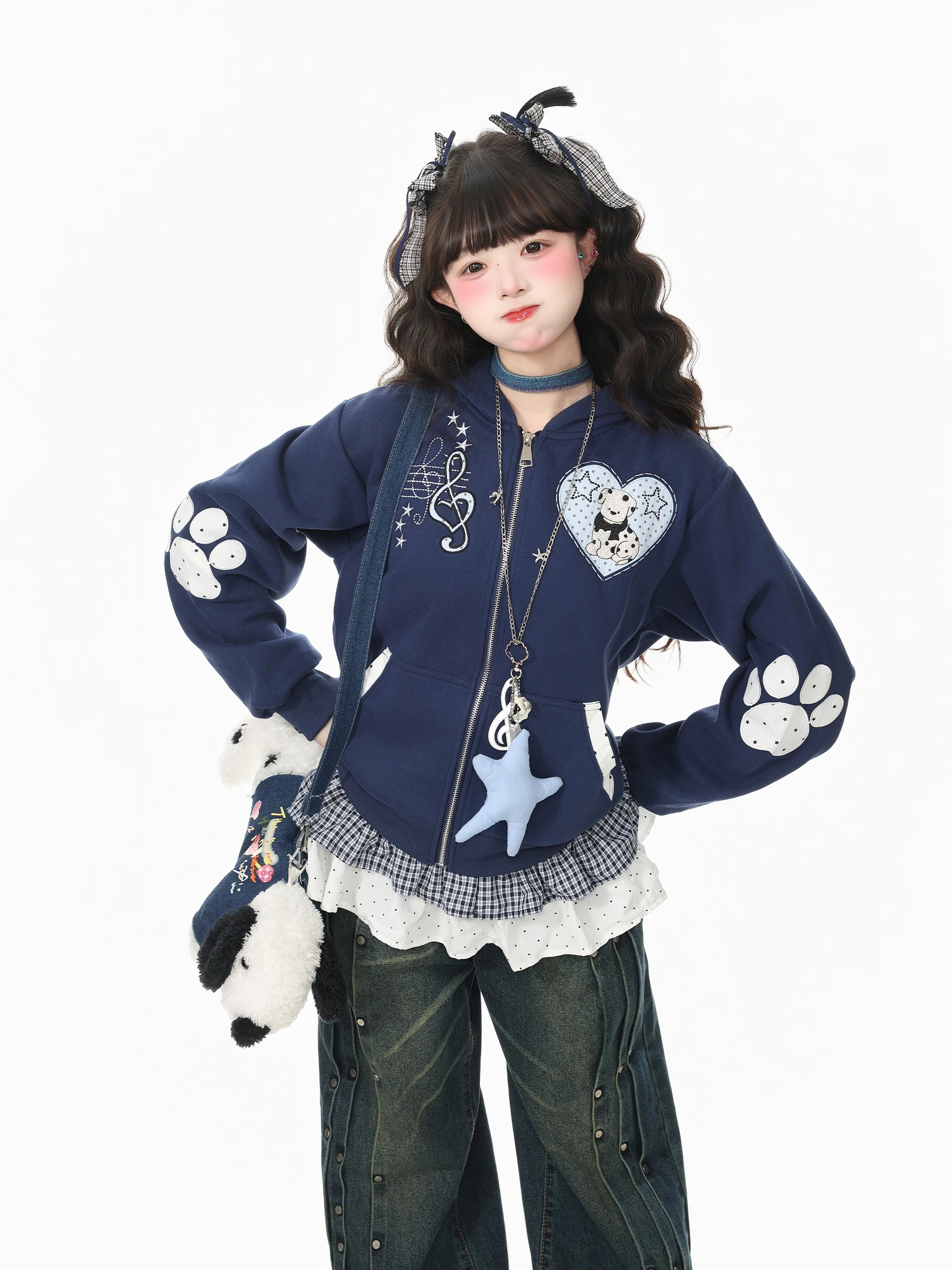 Languid Park Blue Ghost Rabbit Ear Hooded Jacket Women's Casual Embroidered Love Heart Top Cotton Polyester Blend Long Sleeve